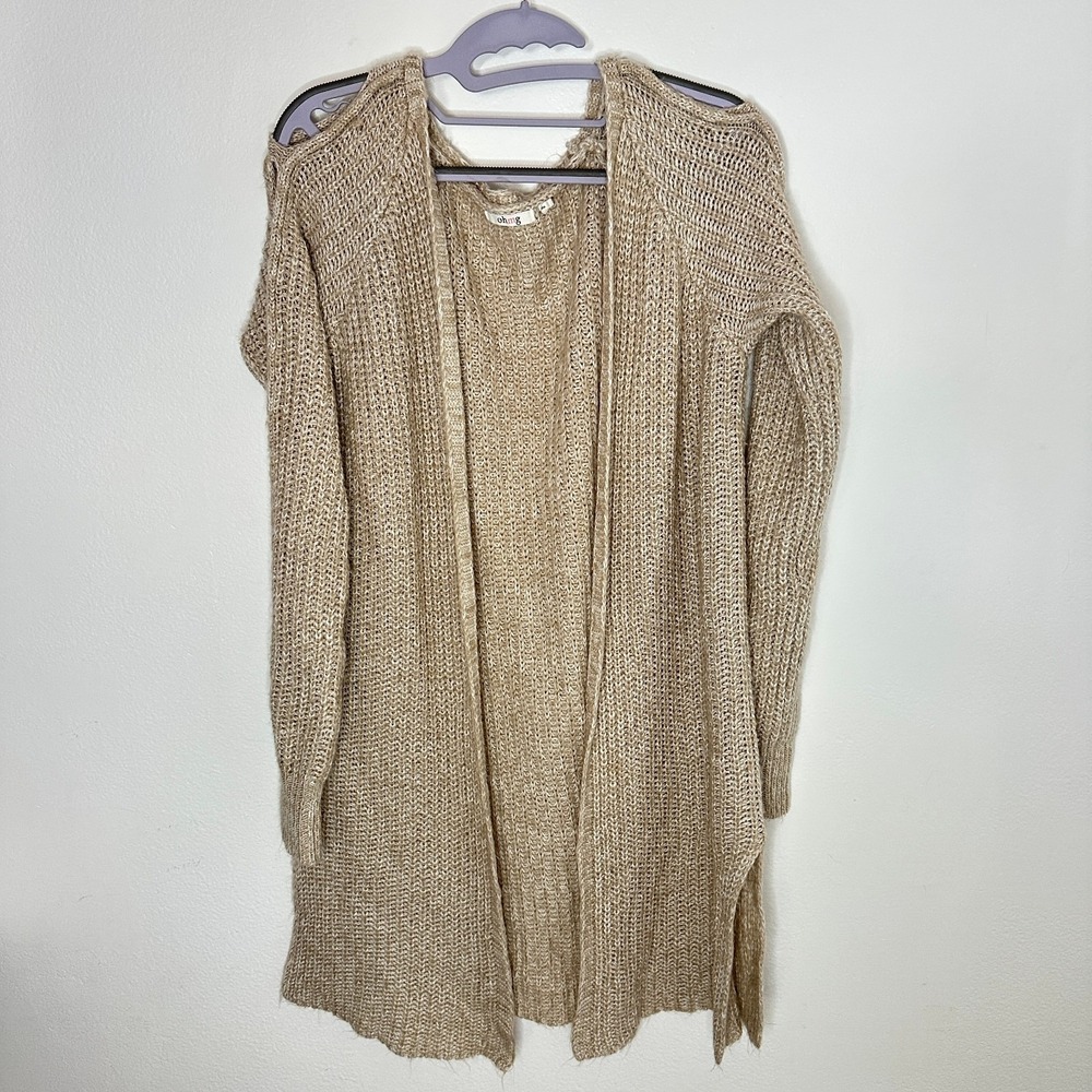 Open Knit Cardigan Womens Medium Longline Boho Lightweight Sleeve Slit Detail